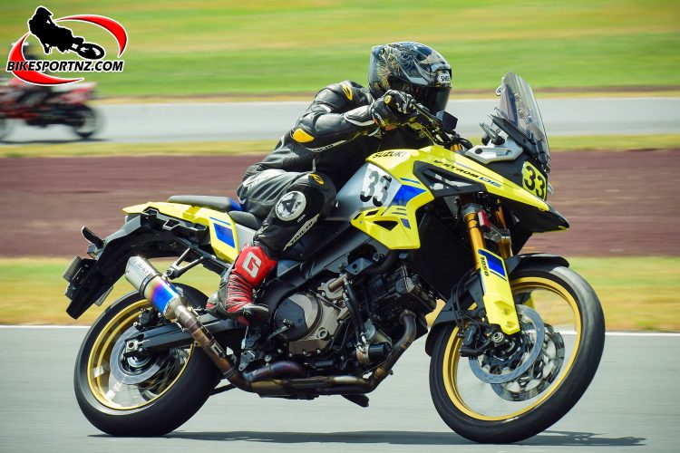 Lower Hutt’s Sloan Frost (Suzuki V Strom), having a blast around the Taupo racetrack at the weekend and sure to be in action near the front at Manfeild this coming weekend too.