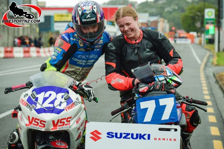 Christchurch rider Harriet Grace (right) is congratulated by Silverdale’s Tyler King after she won the Supersport 300 class on the world-famous Cemetery Circuit on Boxing Day. Photo by Andy McGechan, BikesportNZ.com